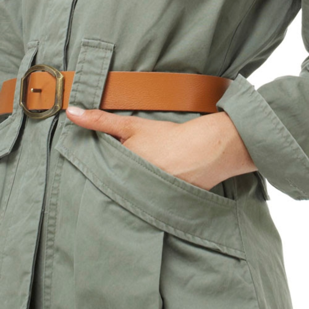 Khaki Green Belted Military Jacket  Trench - Picture 5 of 6